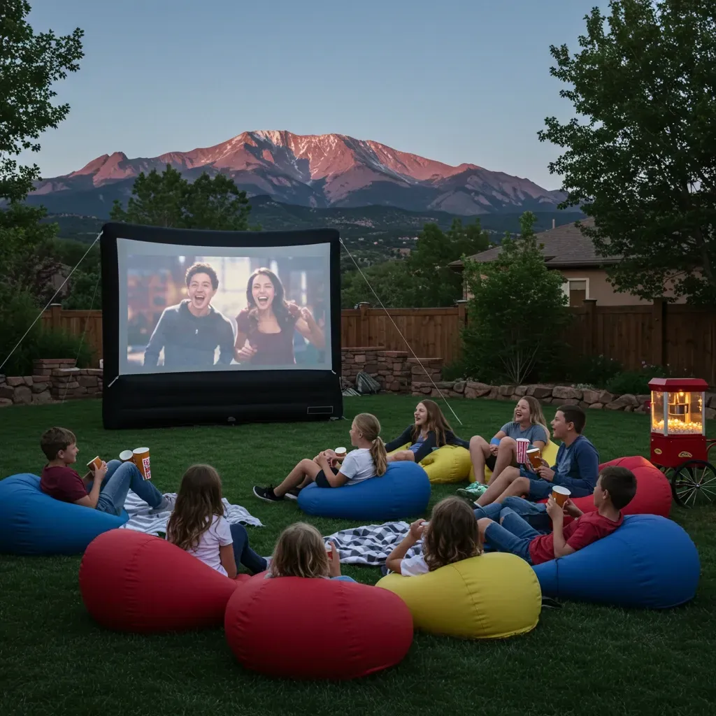 A group of people sitting in bean bag chairs watching a movie