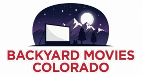 A logo for backyard movies colorado with a movie screen and a camera.