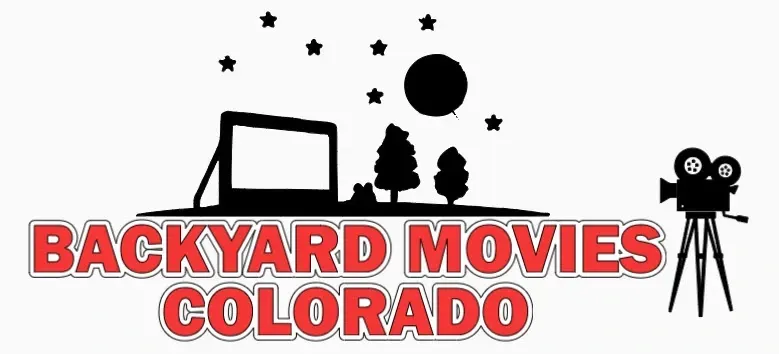 A logo for backyard movies colorado with a movie screen and a camera.