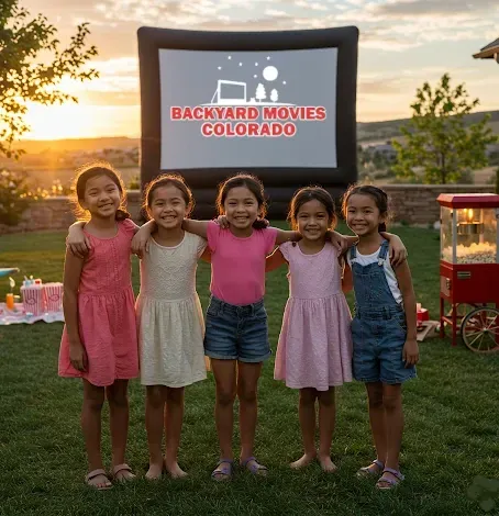 Five young girls at a birthday party smiling because they're watching an outdoor movie on a giant inflatable screen