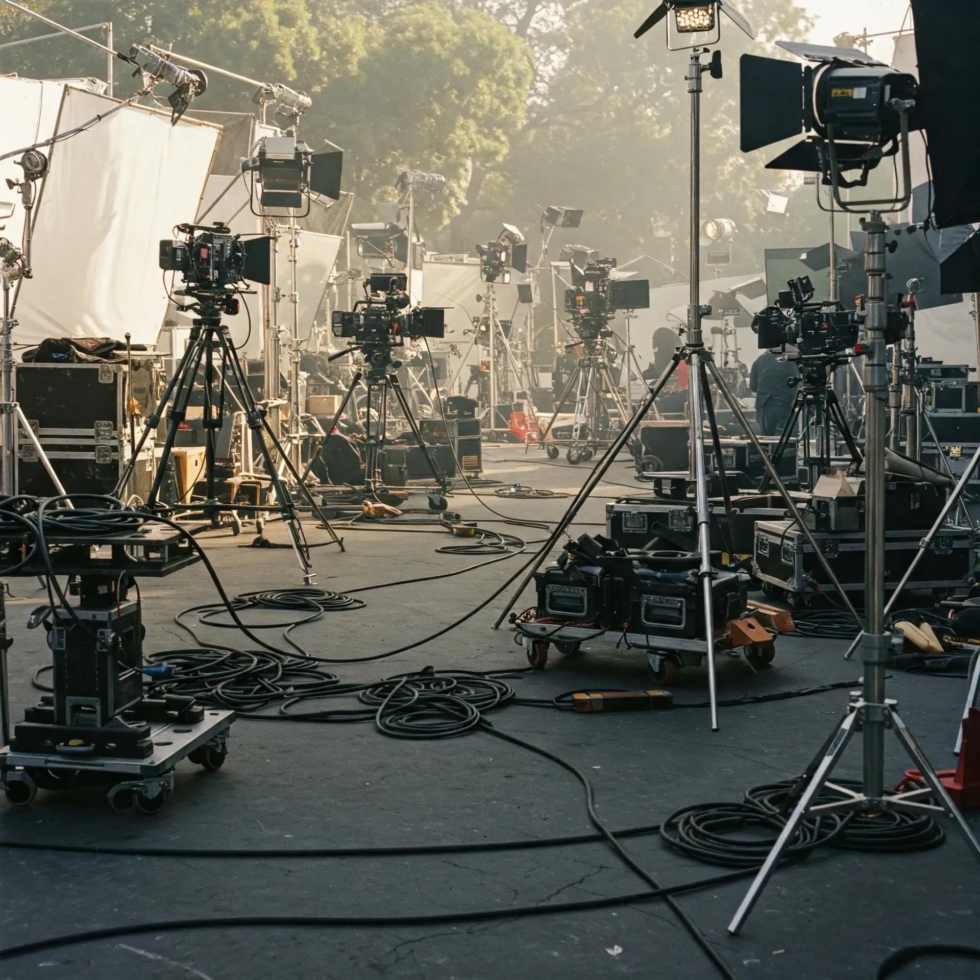 A bunch of cameras are lined up on a set