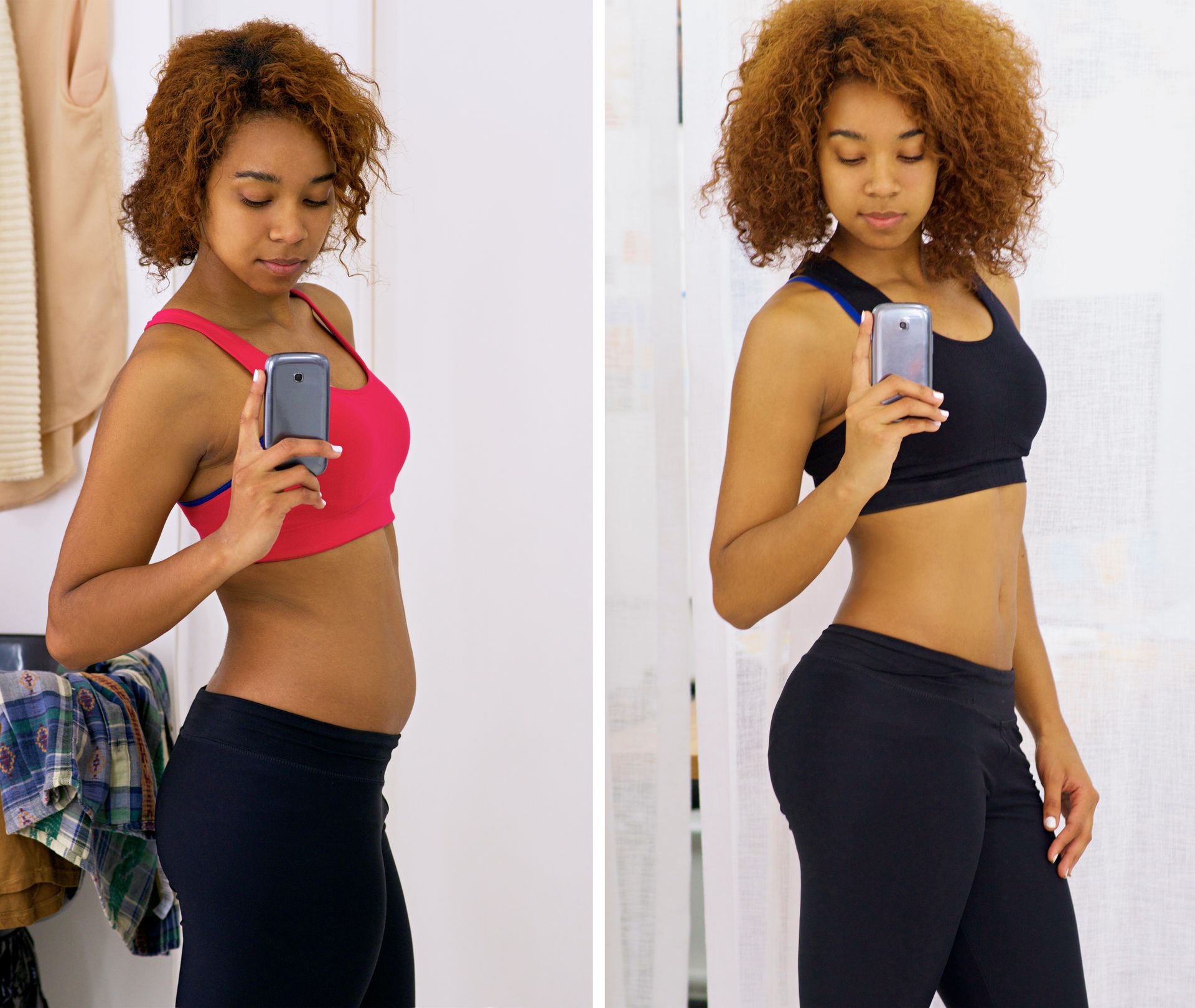 A before and after picture of a woman taking a selfie