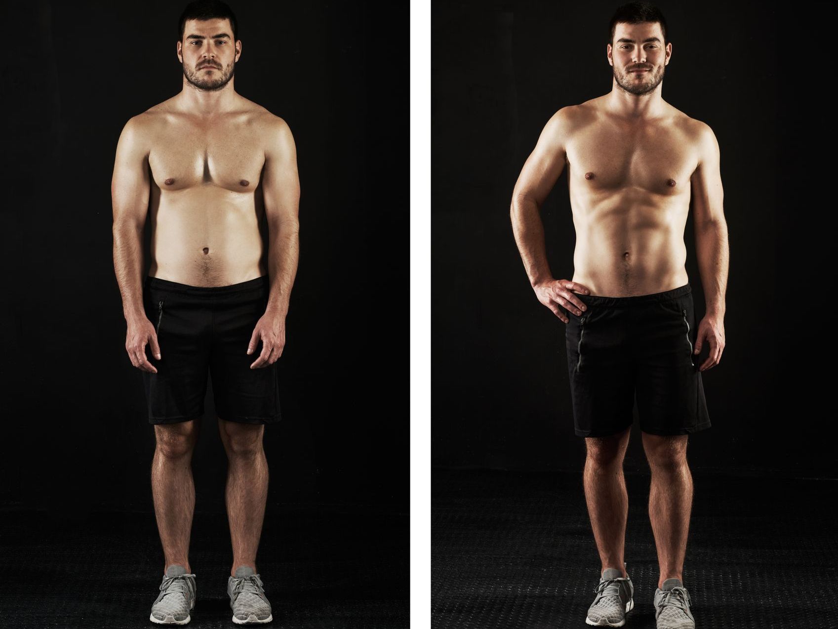 A before and after picture of a shirtless man standing with his hands on his hips.