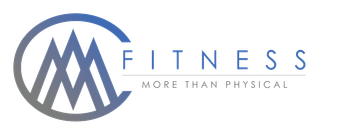 The logo for fitness more than physical has a blue circle with mountains in it.