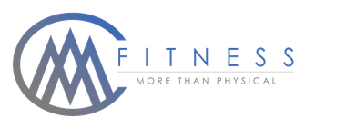 The logo for fitness more than physical has a blue circle with mountains in it.