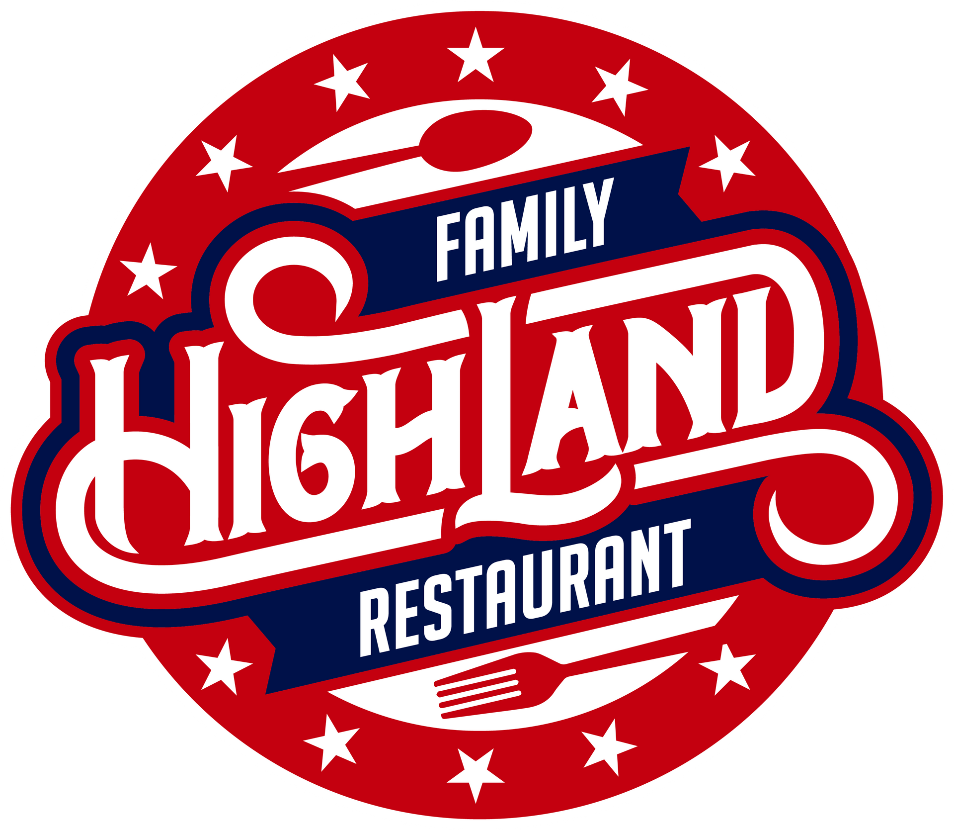 A red and white logo for a family highland restaurant.
