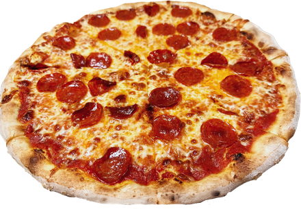 A pizza with pepperoni , mushrooms , olives and cheese on a white background