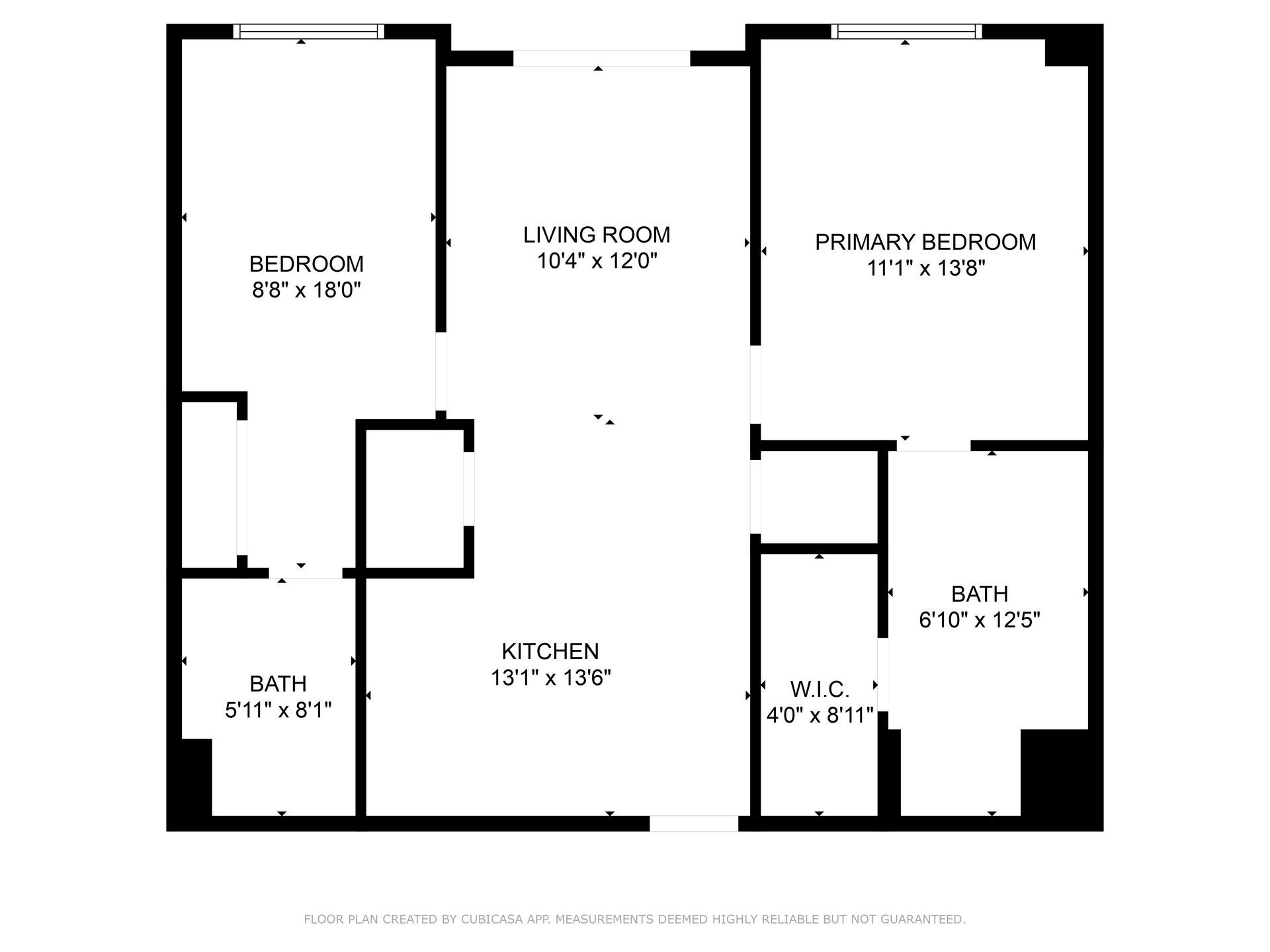 Floor plan with two bedrooms, living room, kitchen, and two bathrooms.