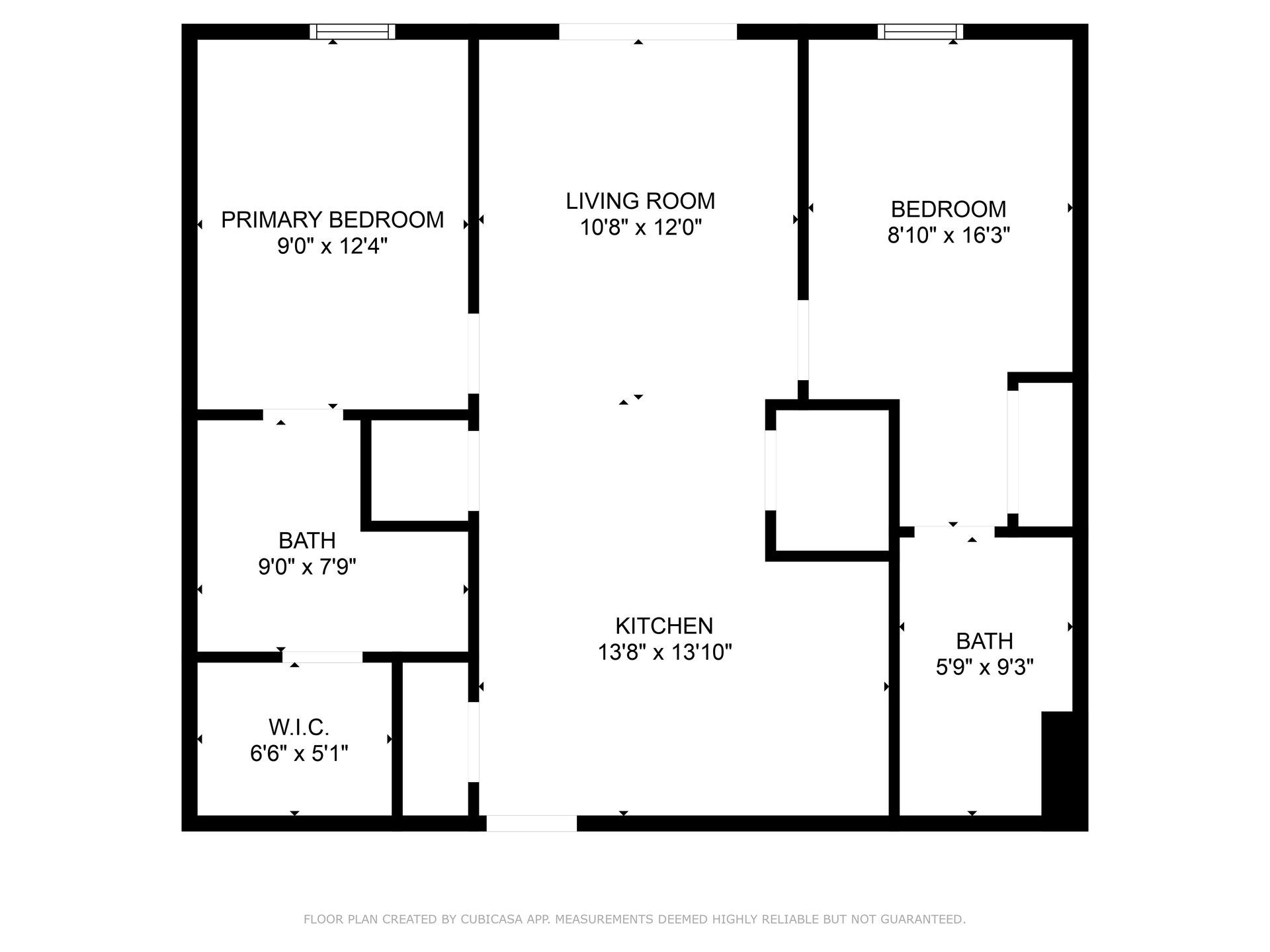 Floor plan of a two-bedroom apartment. Includes living room, kitchen, two bathrooms, and closets.
