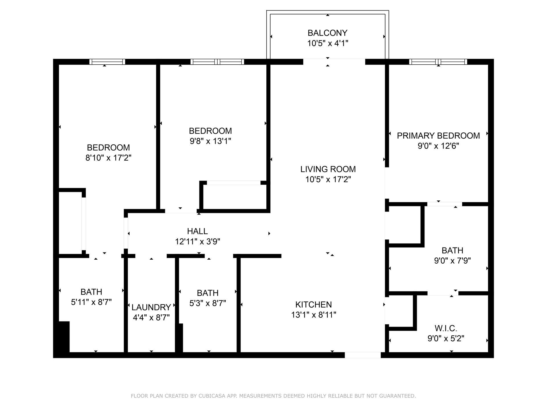 Floor plan of an apartment with a balcony, three bedrooms, kitchen, living room, and two bathrooms.