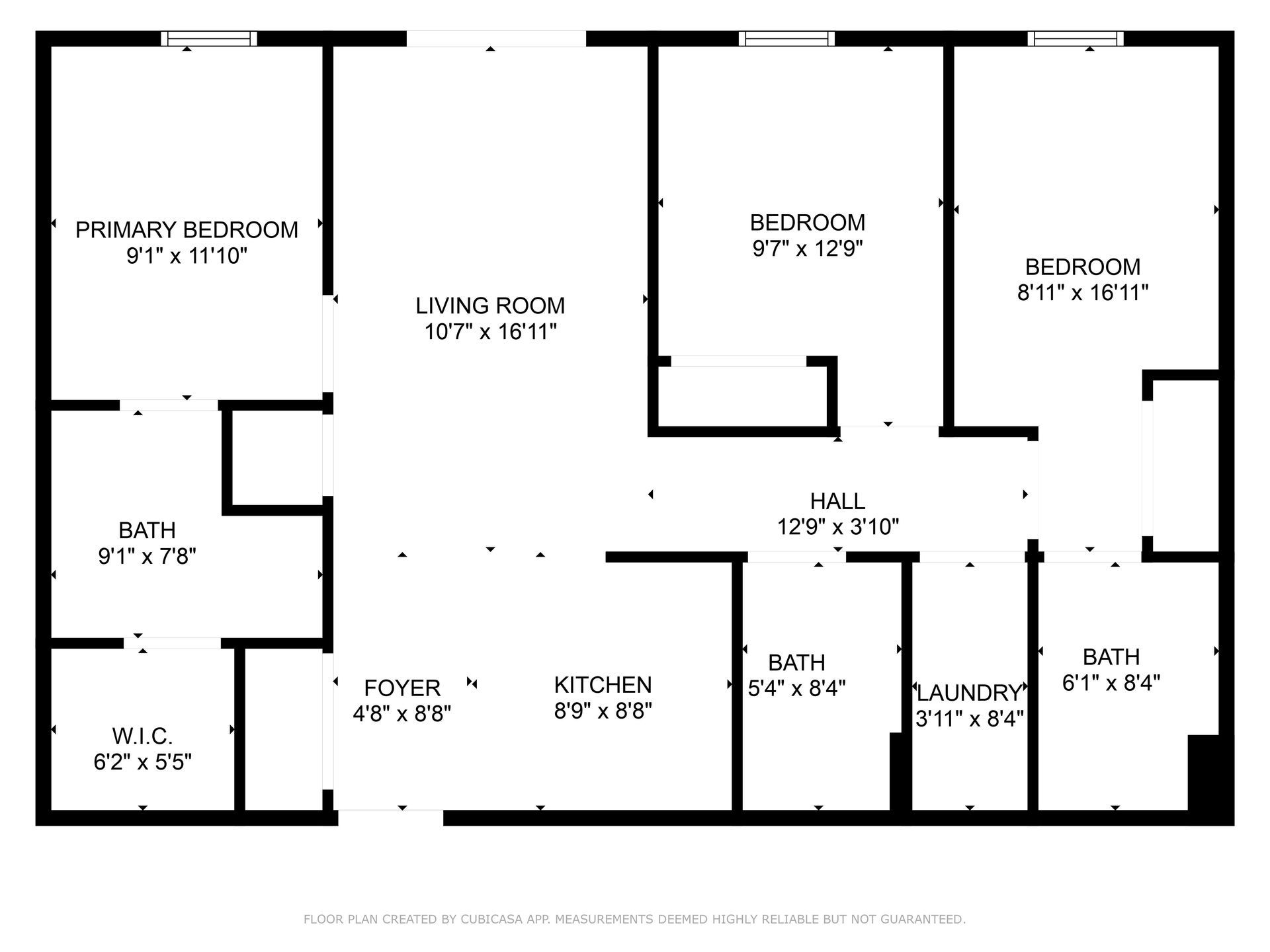 Floor plan of an apartment with a living room, kitchen, three bedrooms, and two bathrooms.