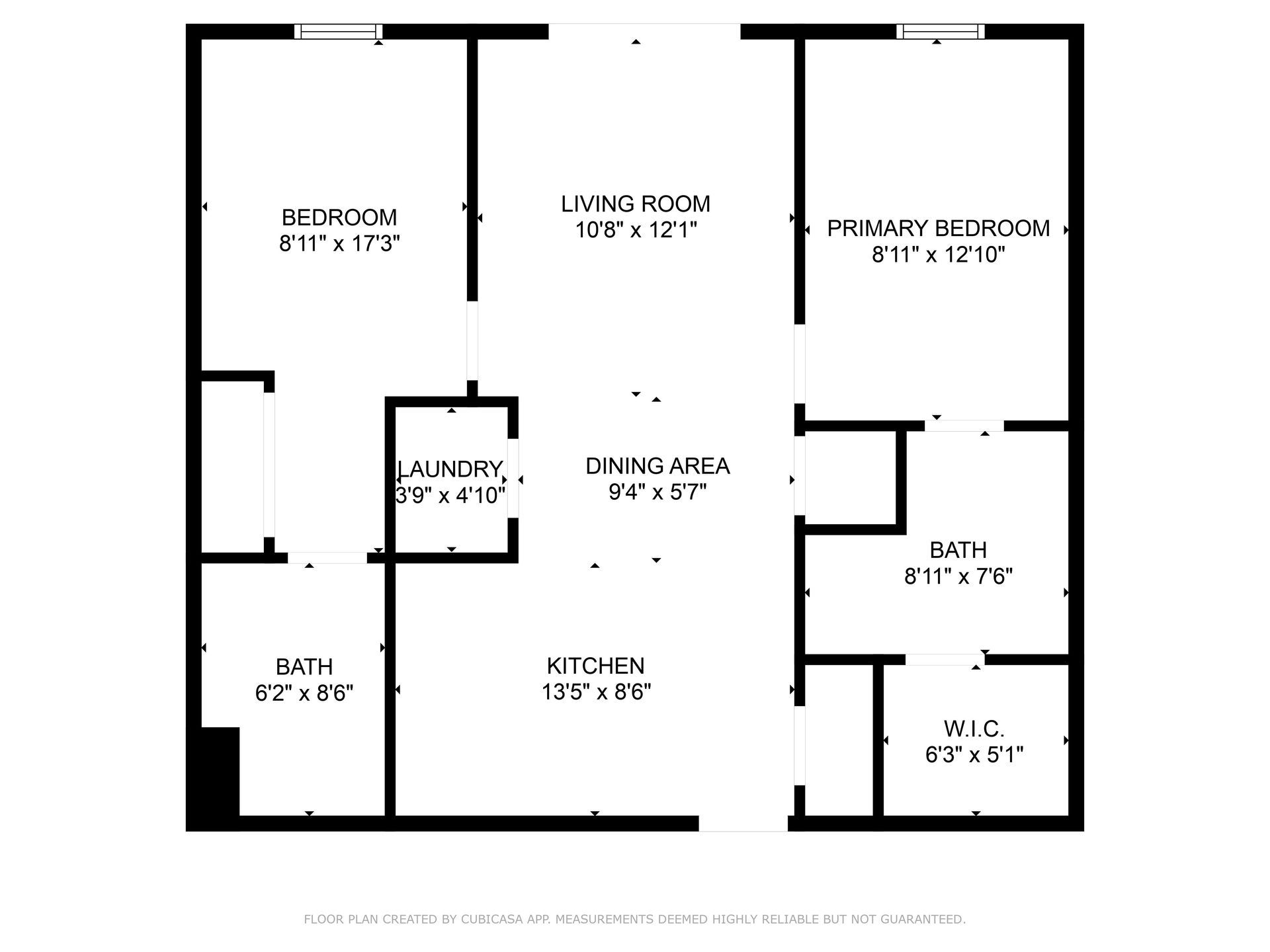 Floor plan of an apartment: bedrooms, living room, dining area, kitchen, bathrooms, laundry, and walk-in closet.