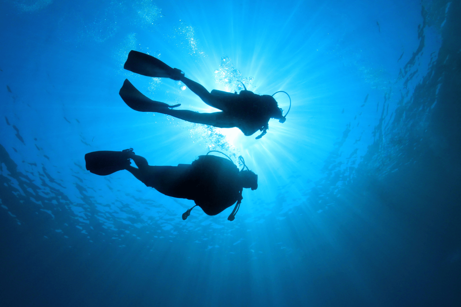 Two scuba divers silhouetted underwater against the bright sun, wearing fins and gear.