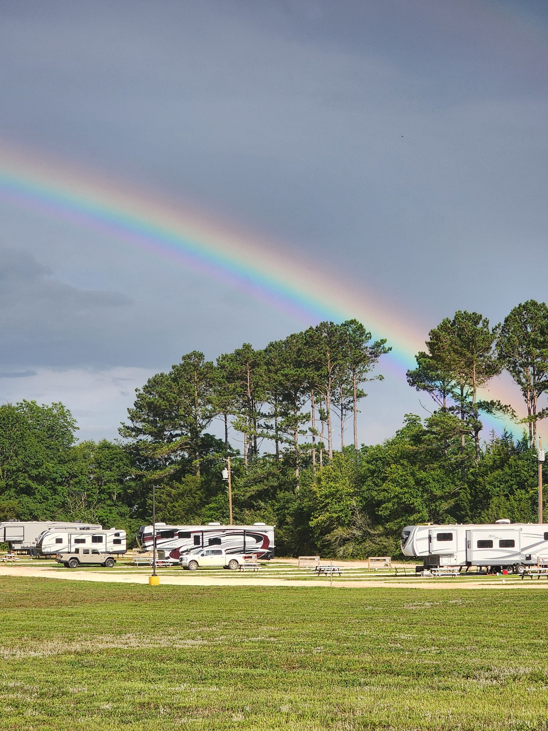 Rainbow over pine trees and RVs beside a grassy field under a cloudy sky