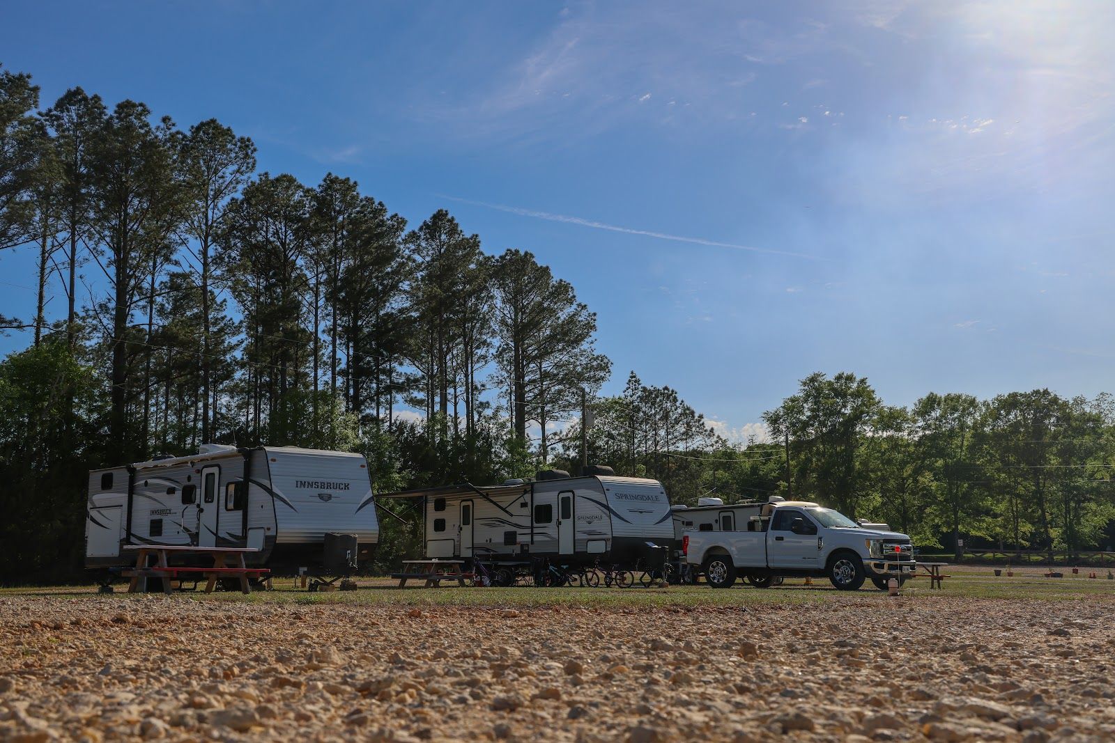 RVs and a pickup truck parked in a sunny campsite beside tall trees and a dirt lot