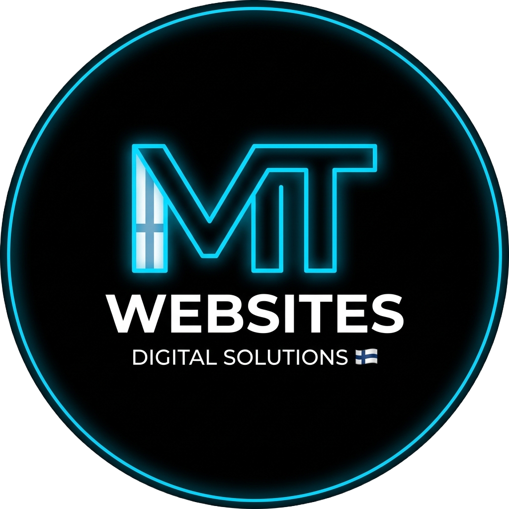 MT Websites -yrityksen logo, jossa on siniset neonväriset kirjaimet pyöreällä mustalla taustalla.