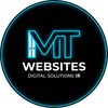 MT Websites -yrityksen logo, jossa on siniset neonväriset kirjaimet pyöreällä mustalla taustalla.