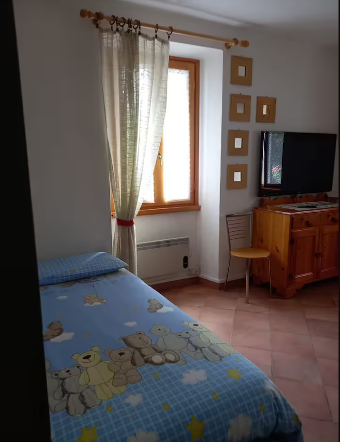 Una camera da letto con un letto, una televisione e una finestra