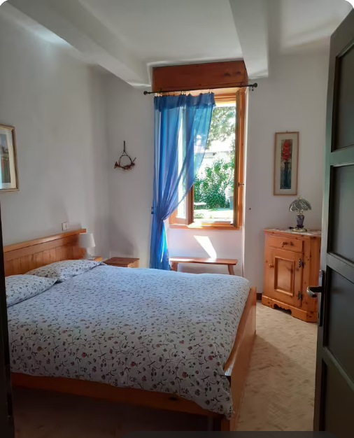 Una camera da letto con un letto e una finestra con tende blu