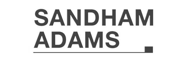 A black and white logo for sandham adams on a white background.