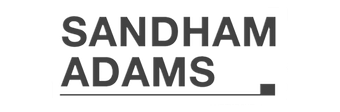 A black and white logo for sandham adams on a white background.