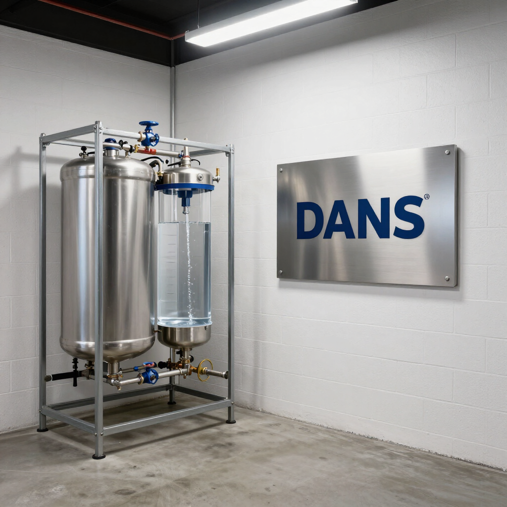 Stainless steel industrial tanks in a clean room beside a wall sign reading “DANS” Stainless steel industrial tanks in a clean room beside a wall sign reading “DANS”
