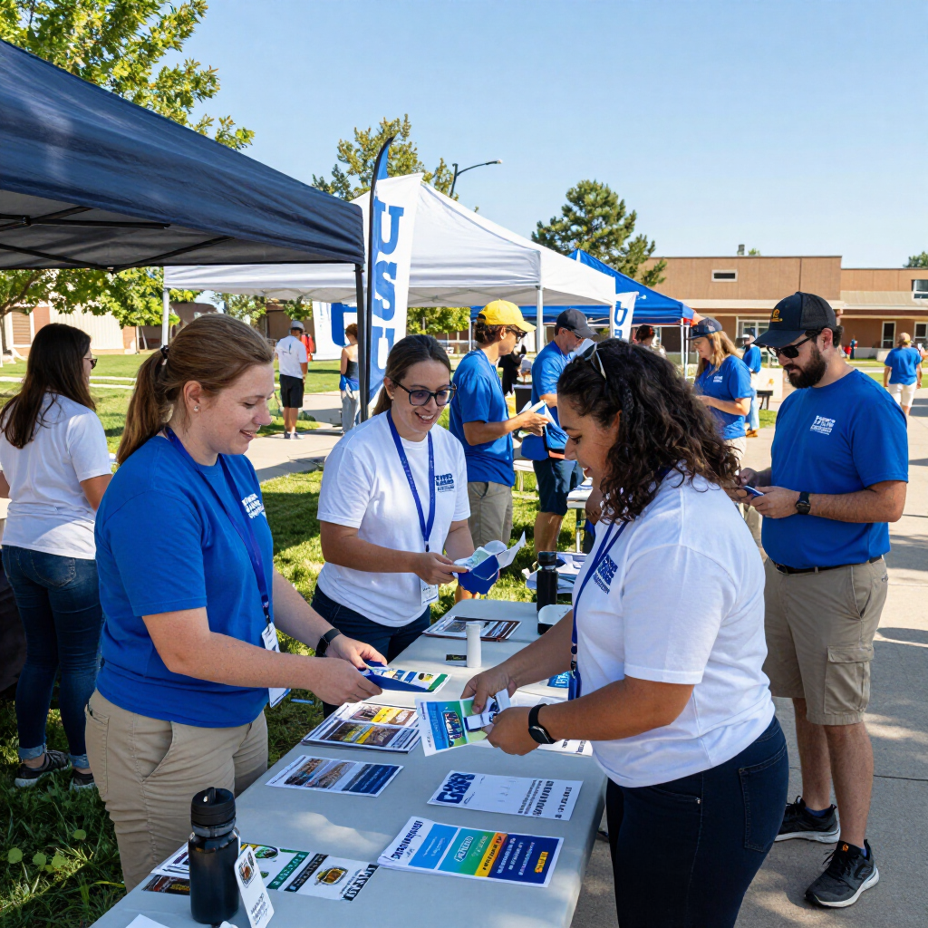 People in blue shirts at an outdoor event table under tents, handing out flyers and materials People in blue shirts at an outdoor event table under tents, handing out flyers and materials