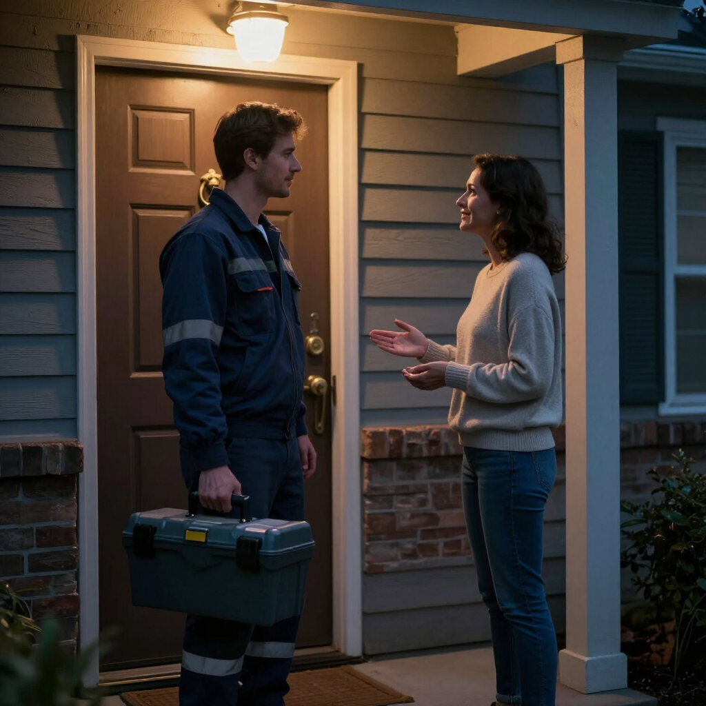 Two people talking at a lit front door, one holding a toolbox on the porch at dusk Two people talking at a lit front door, one holding a toolbox on the porch at dusk