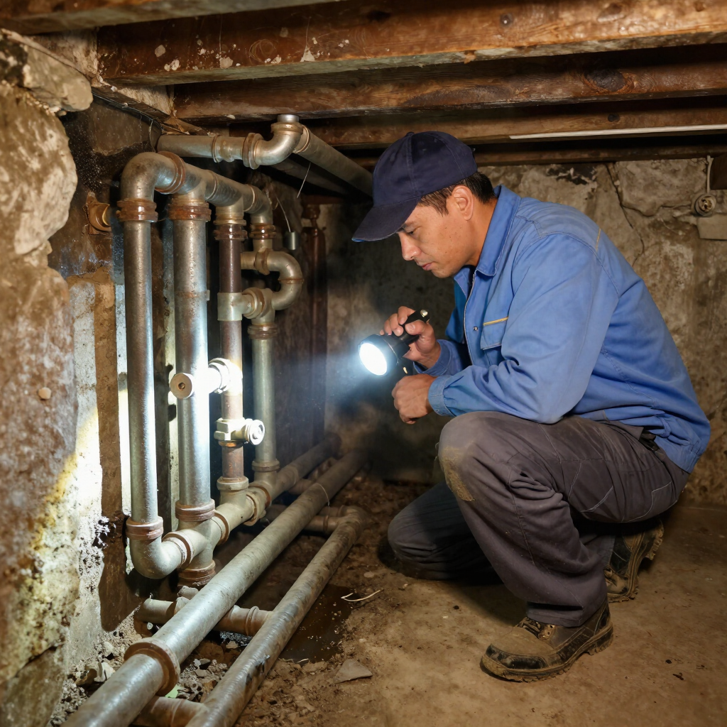 Technician inspecting basement pipes with a flashlight, crouched in a narrow crawlspace. Technician inspecting basement pipes with a flashlight, crouched in a narrow crawlspace.