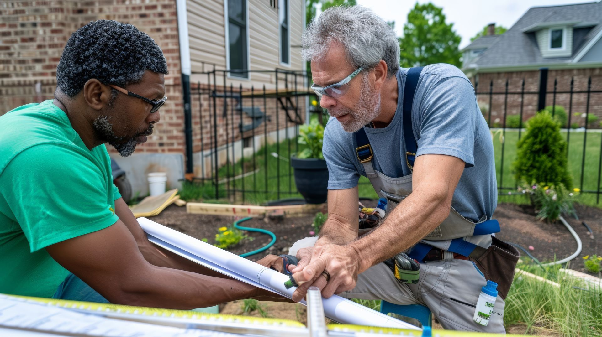 Two men are working on a fence in front of a house.