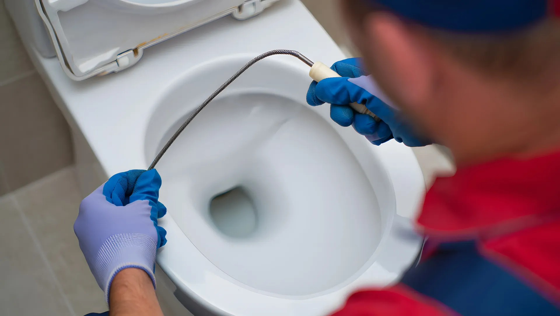 Person using a plumbing snake to unclog a toilet.