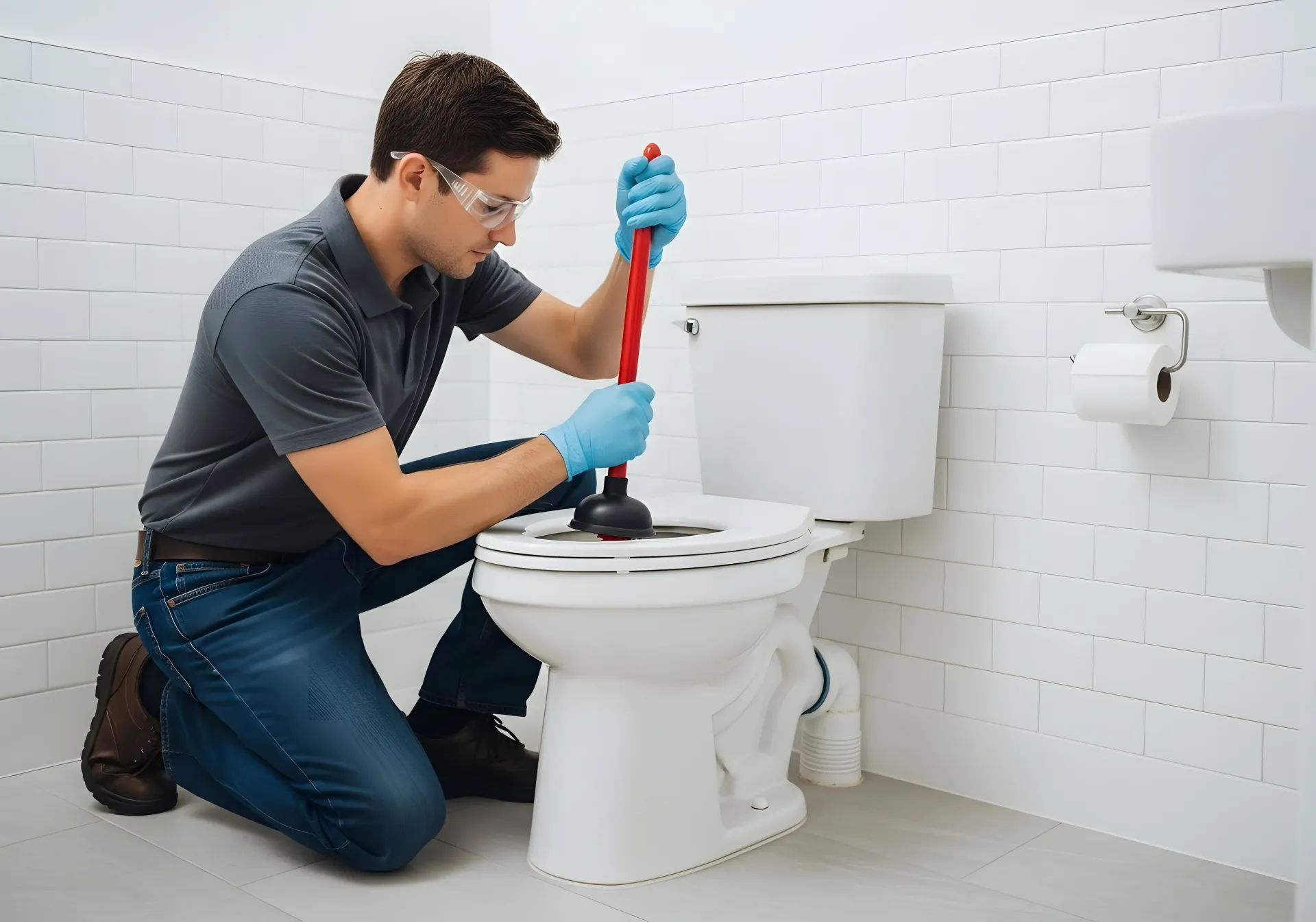 Person plunges a toilet in a white bathroom; wearing safety glasses and gloves.