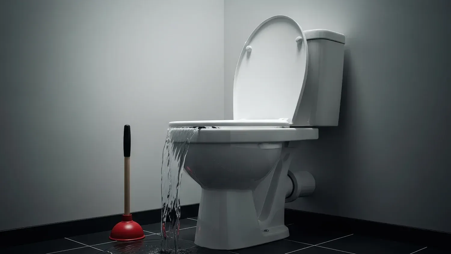 Clogged toilet with overflowing water and red plunger in a bathroom with tiled floor 
