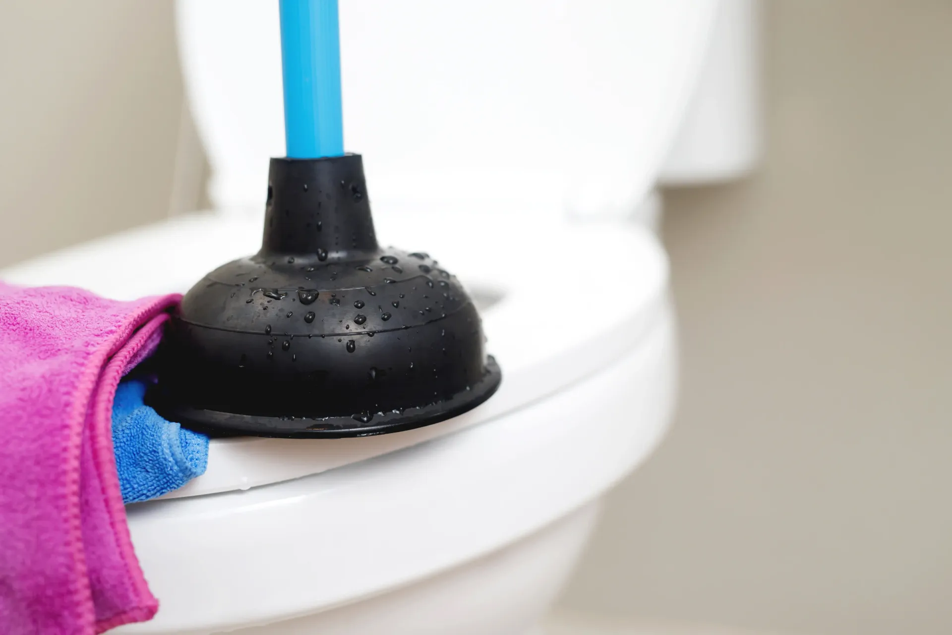 Plunger and purple cloth on a white toilet.