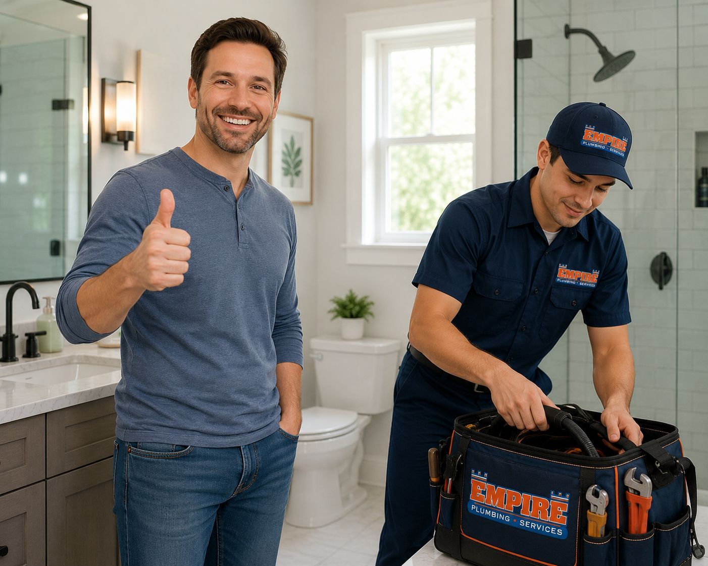A man is kneeling down under a sink in a kitchen using a machine.
