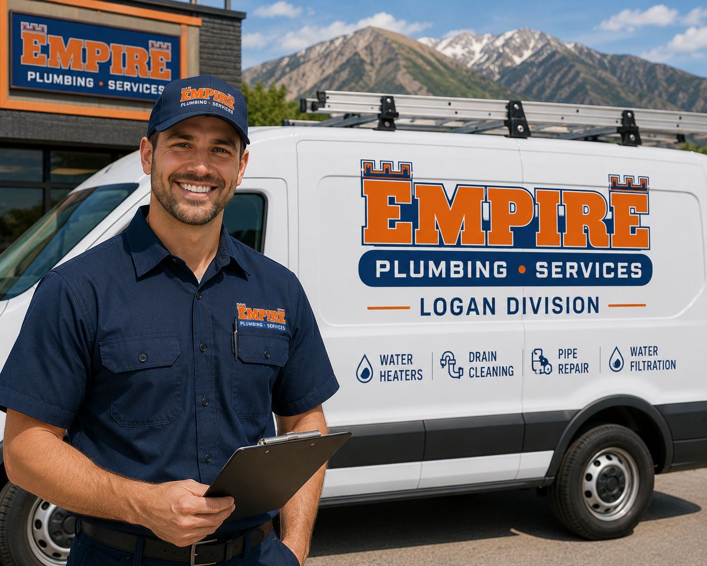 Smiling plumber beside Empire Plumbing Services van with mountains in the background Smiling plumber beside Empire Plumbing Services van with mountains in the background