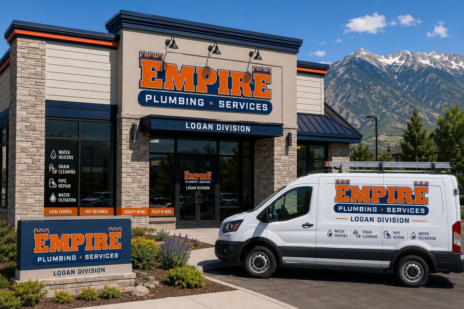 Empire Plumbing & Services storefront with white service van parked outside, mountains in the background