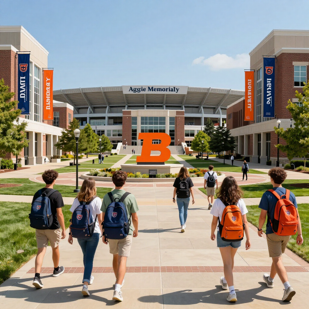Students walking toward a campus building with a large orange “B” sign and banners at the entrance Students walking toward a campus building with a large orange “B” sign and banners at the entrance