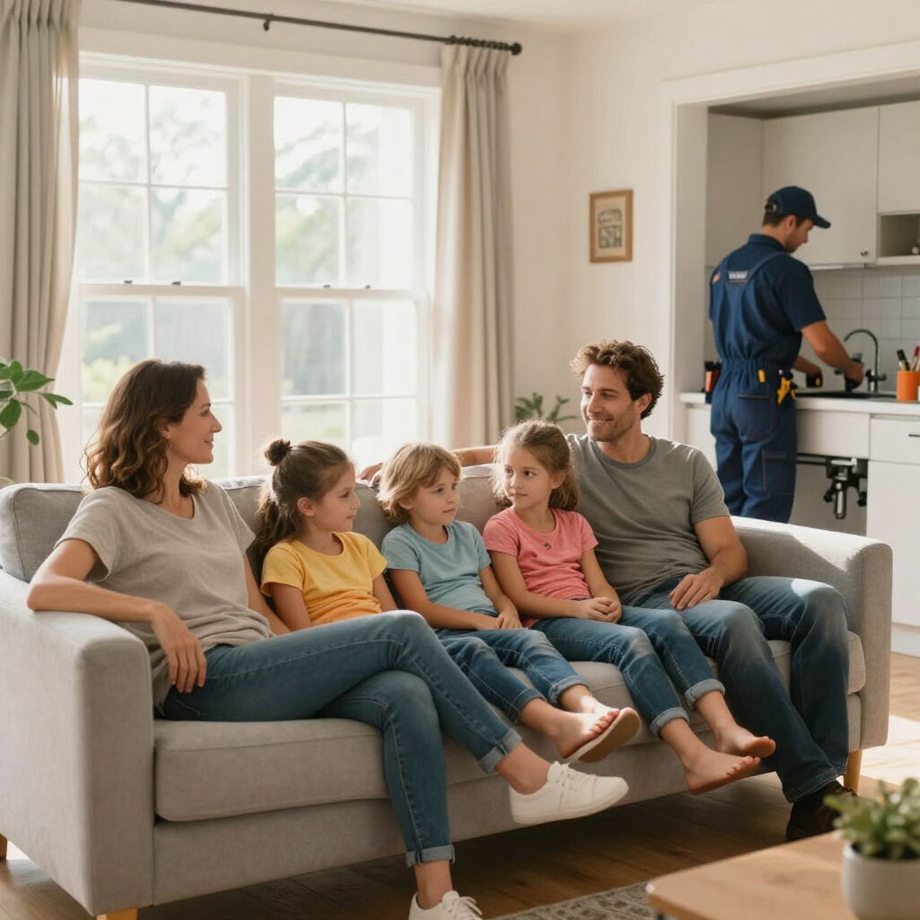 Family of five sitting on a gray sofa, talking in a bright living room while a repair worker fixes a sink in the kitchen. Family of five sitting on a gray sofa, talking in a bright living room while a repair worker fixes a sink in the kitchen.