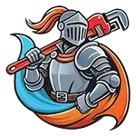 Knight in silver armor, holding a red wrench, wearing a blue and orange cape.