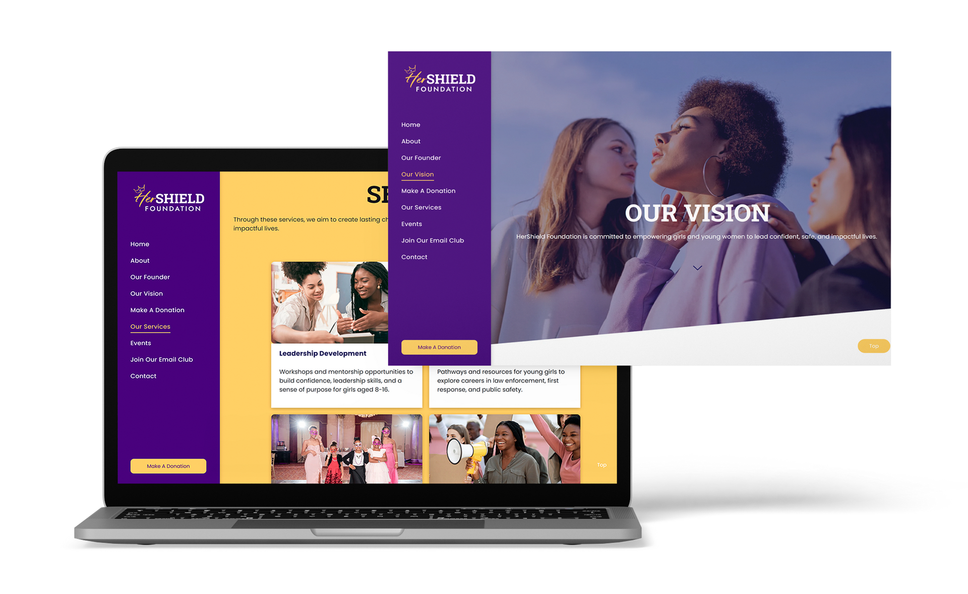 Laptop displaying website with purple and gold design, featuring diverse women.