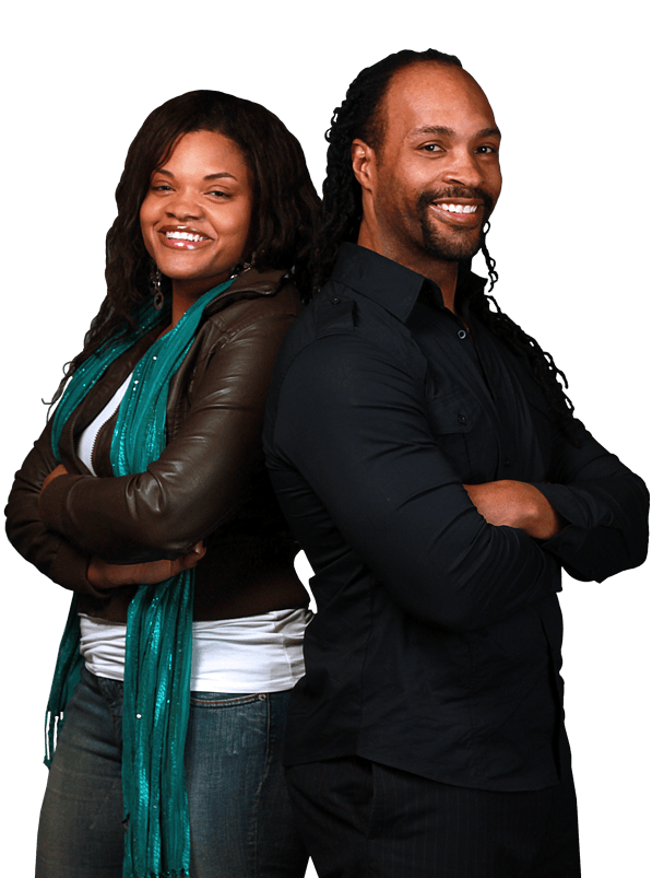 A man and a woman standing back to back with their arms crossed