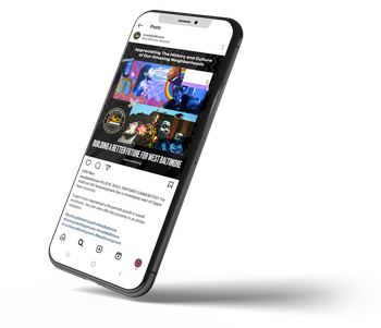 Smartphone displaying a social media post with images and text, angled with a shadow.