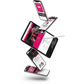 Devices with a website display, angled with pink accents, hovering in the air.