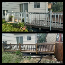 Before-and-after of a weathered white backyard deck railing being repaired and stained brown.