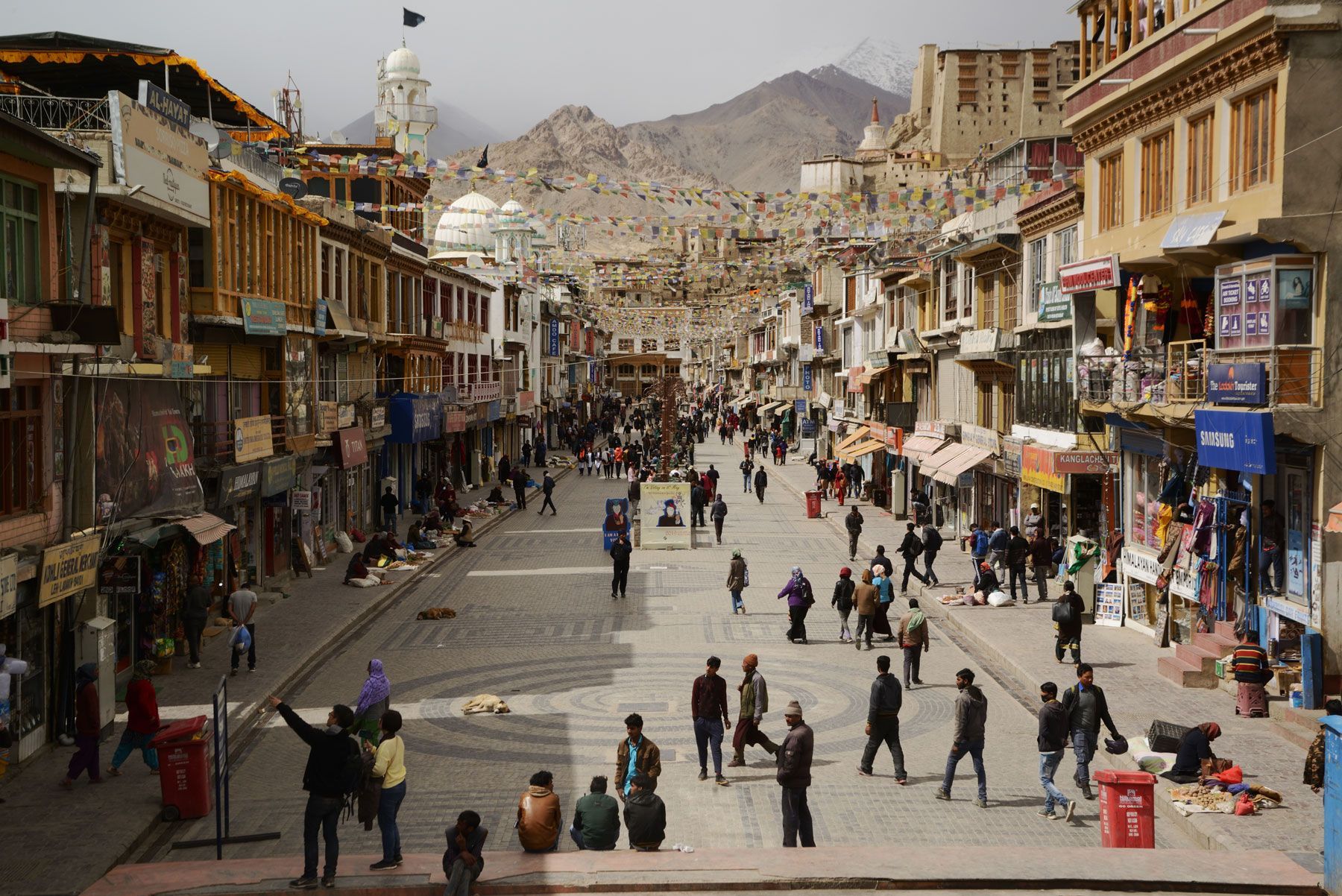 Busy street scene in Leh, Ladakh, India, with shops and people walking. Buildings in warm colors and a mosque.