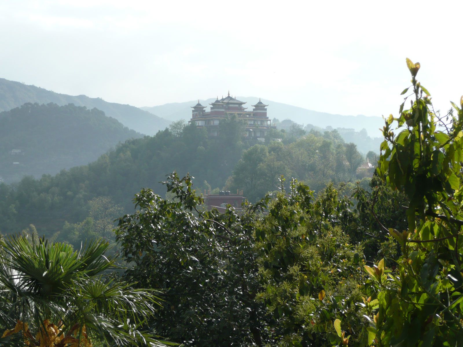A distant temple sits atop a forested hill, Bhutan.