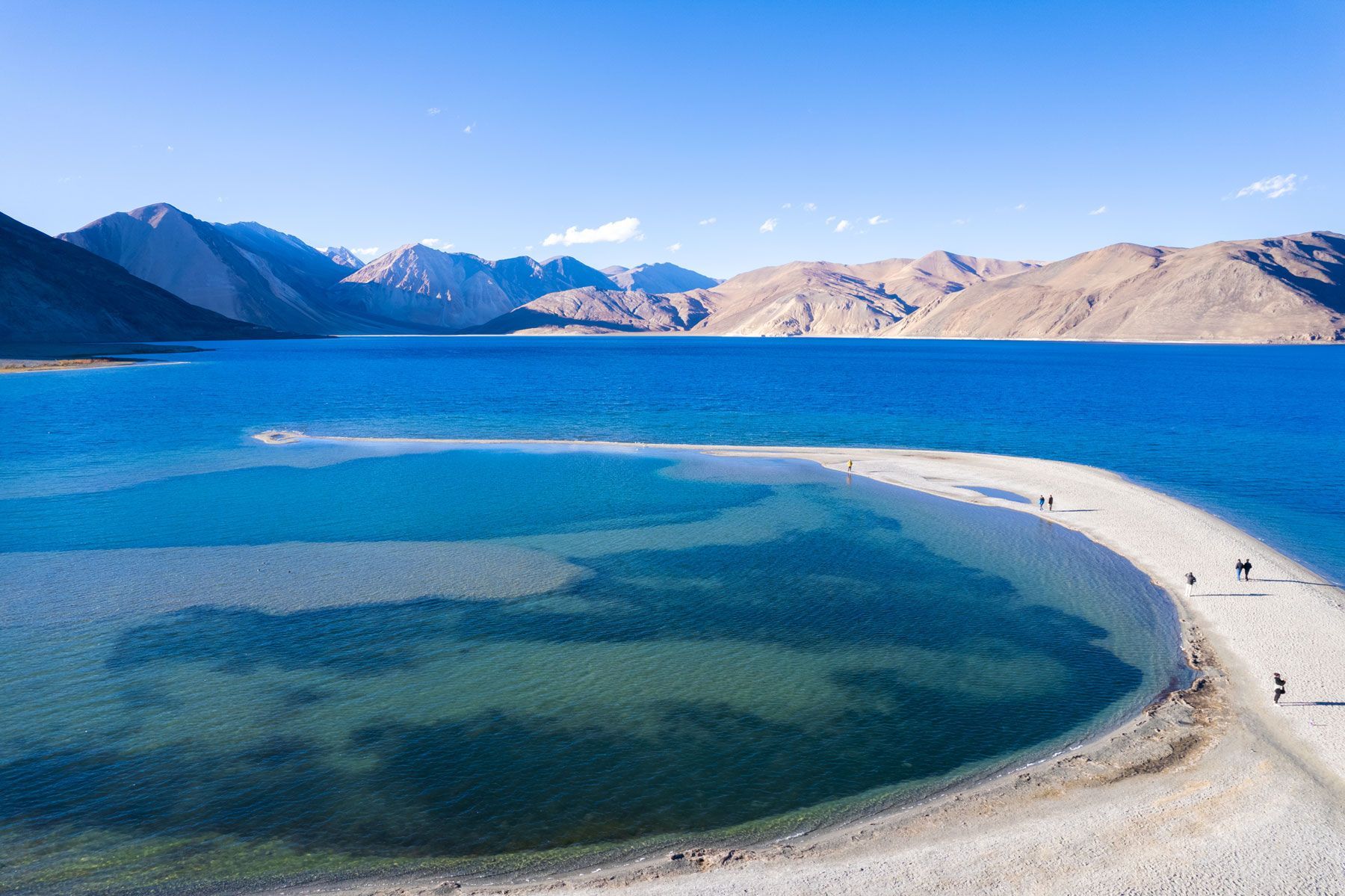 Pangong Tso lake in Ladakh, India. Turquoise water, white sandbar, mountains in background, clear blue sky.