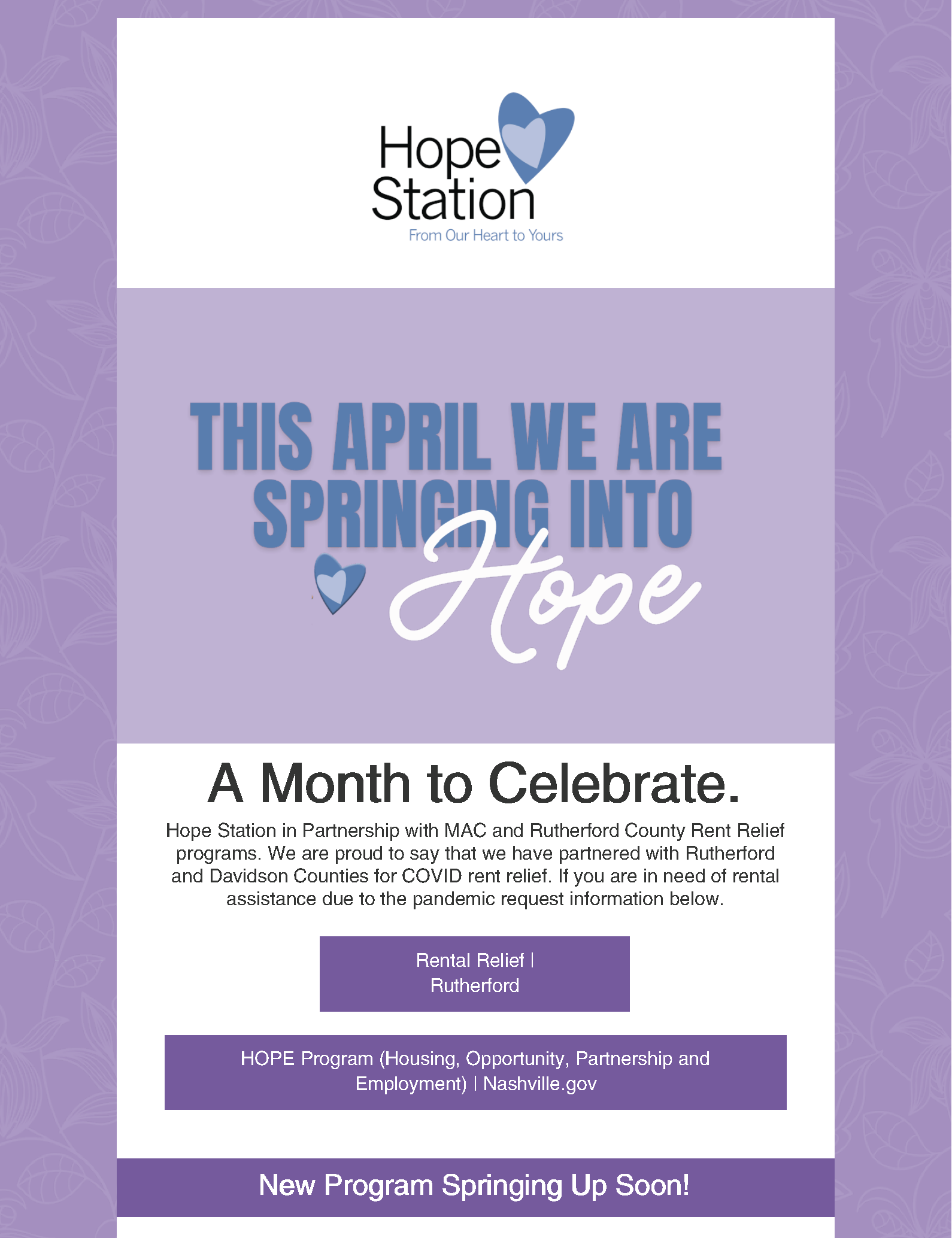 A purple poster that says this april we are springing into hope