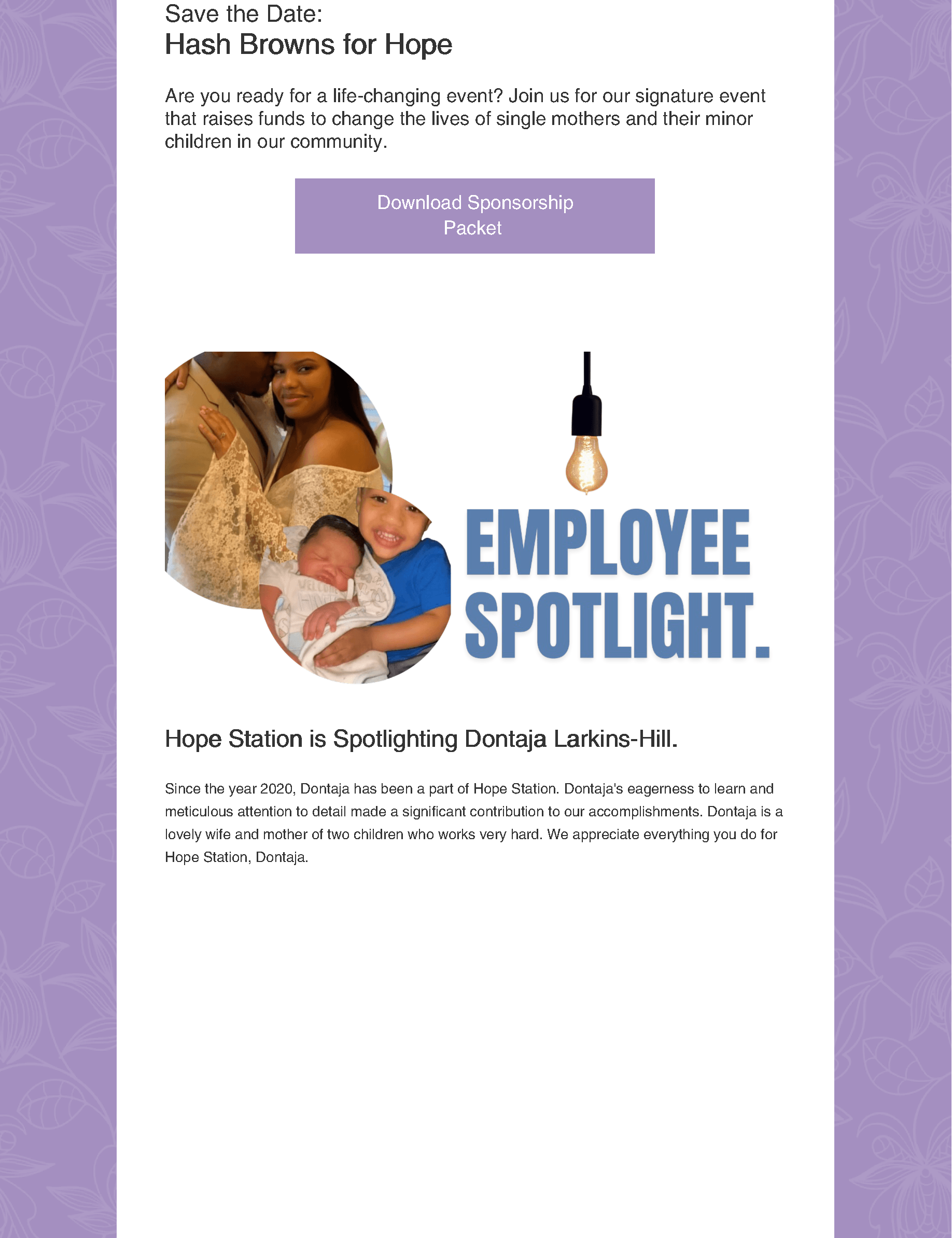 A purple background with a picture of a woman holding a baby and the words `` employee spotlight ''.